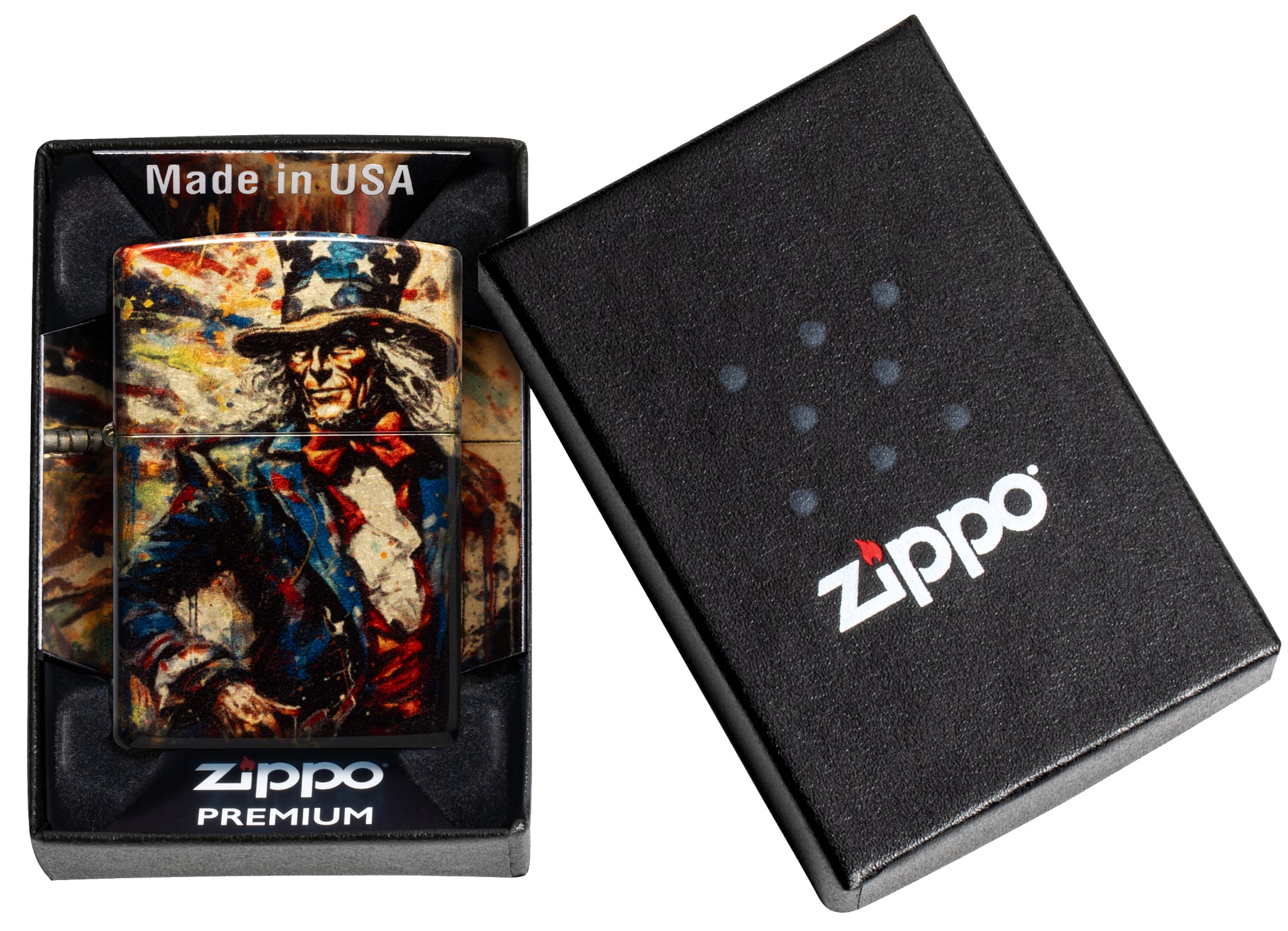 Zippo Uncle Sam Fusion Design 540 Tumbled Brass Windproof Lighter in its packaging.