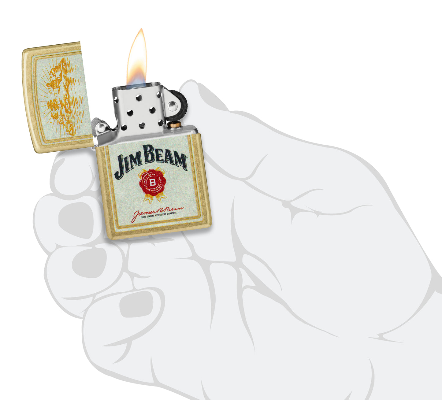 Zippo Jim Beam® Provenance Design Street Brass Windproof Lighter lit in hand.