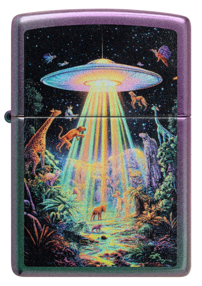 Front view of Zippo Animal Abduction Design Iridescent Windproof Lighter.