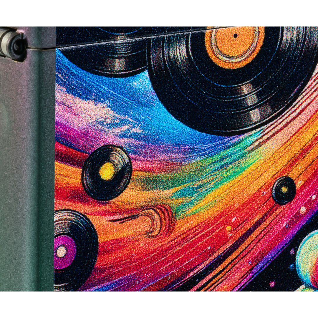 Front view of Zippo Rainbow Records Design Iridescent Windproof Lighter close up to show the detail of the lighter.