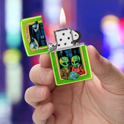 Zippo Take Me To Your Feeder Design Classic Lurid Windproof Lighter lit in hand.