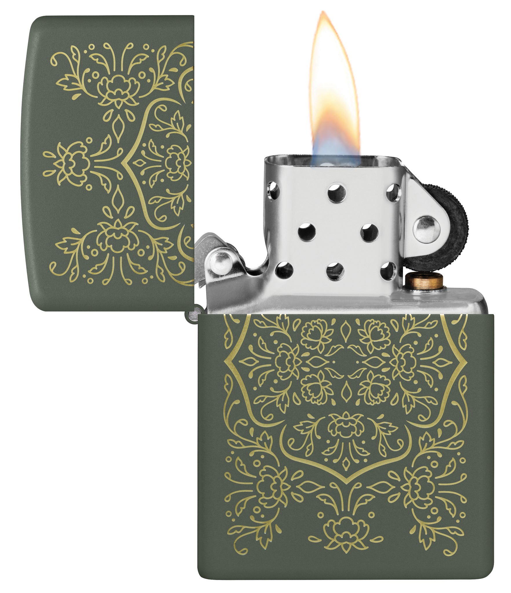 Zippo Floral Mandala Design Green Matte Windproof Lighter with its lid open and lit.