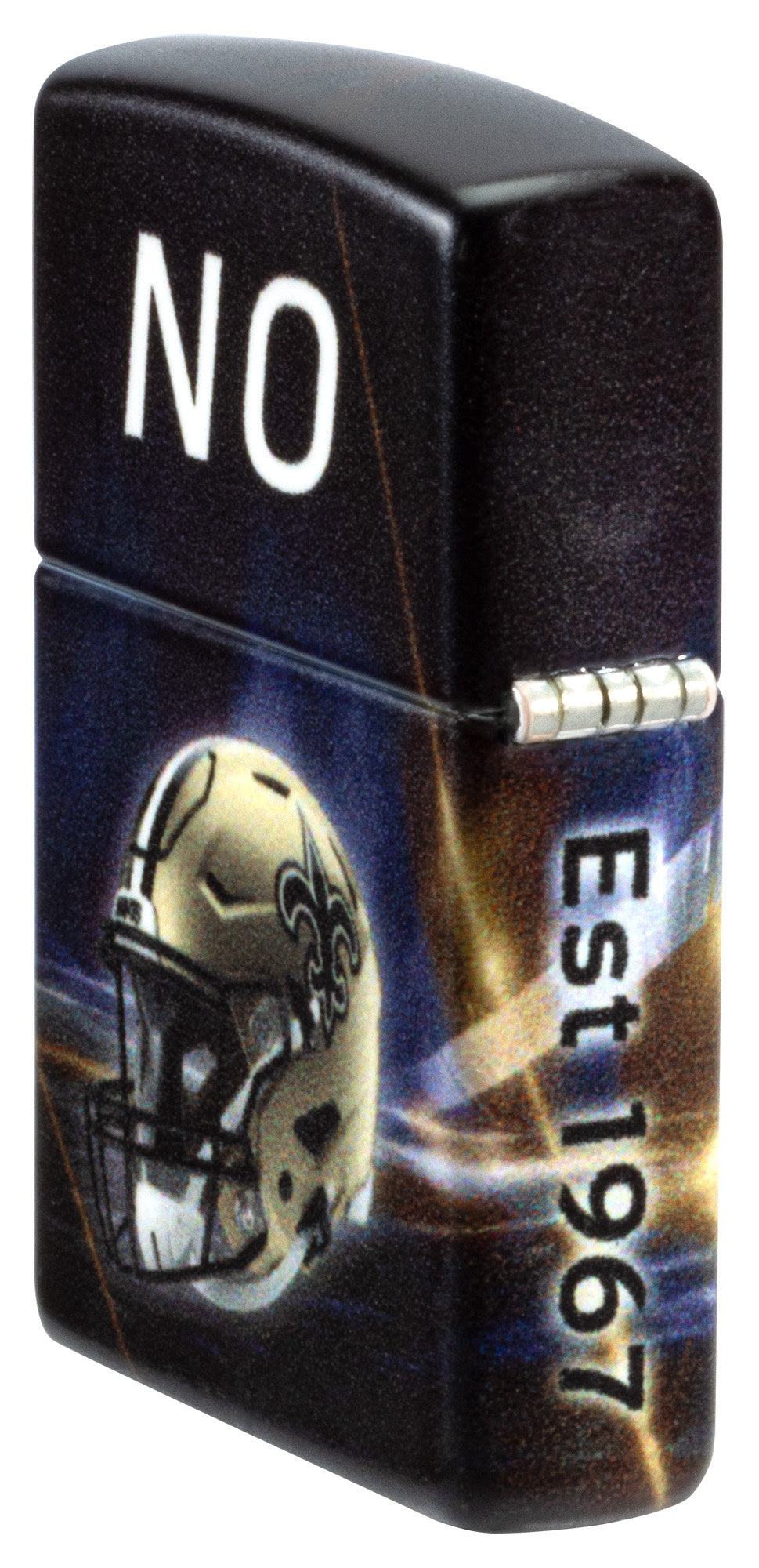 Angled shot of Zippo NFL New Orleans Saints 540 Matte Windproof Lighter showing the back and hinge sides of the lighter.