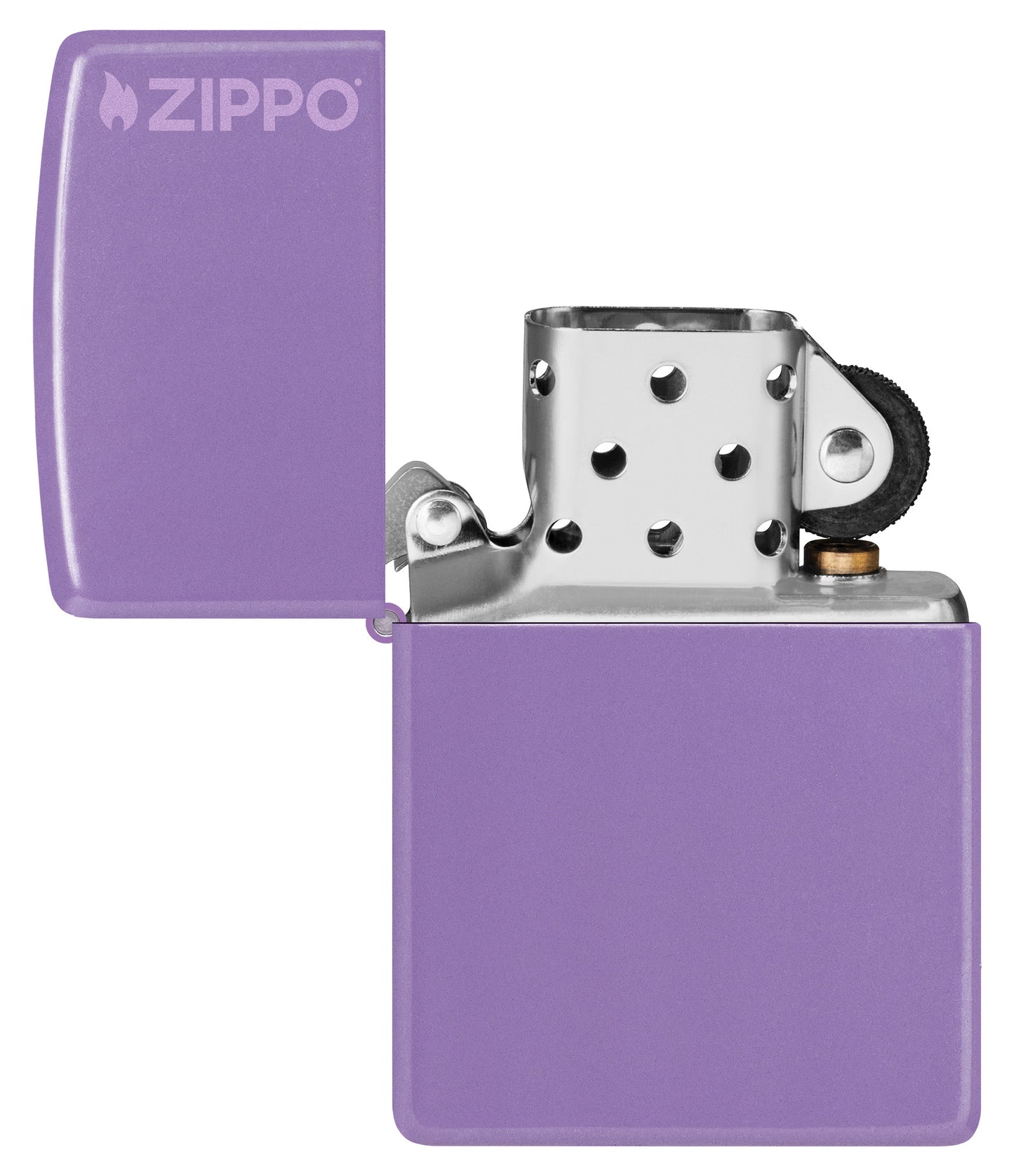 Zippo Classic Smoky Lavender Zippo Logo Windproof Lighter with its lid open and unlit.