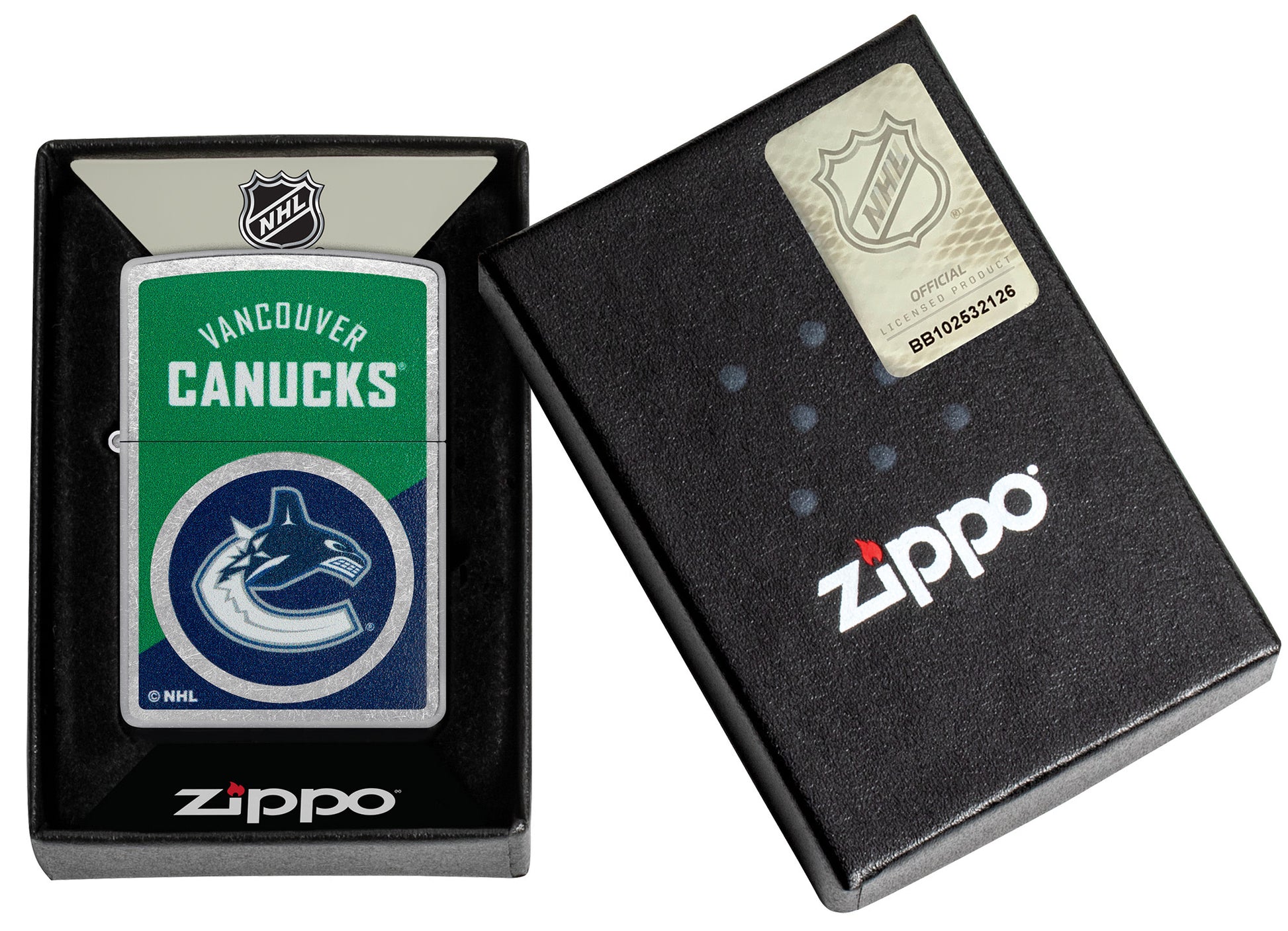 Zippo NHL® Vancouver Canucks® 2024 Street Chrome™ Windproof Lighter in its packaging.