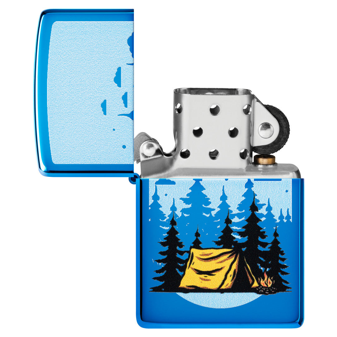 Zippo Forest Flicker Design High Polish Blue Windproof Lighter with its lid open and unlit.
