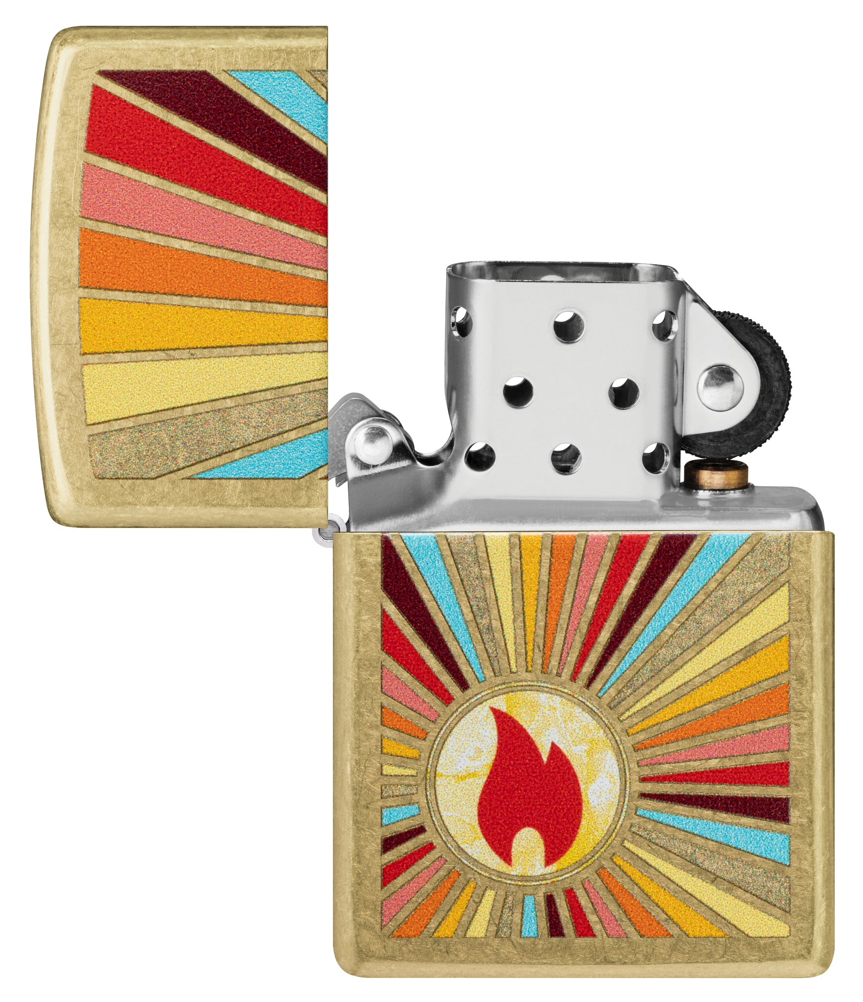 Zippo Beaming Flame Design Street Brass Windproof Lighter with its lid open and unlit.