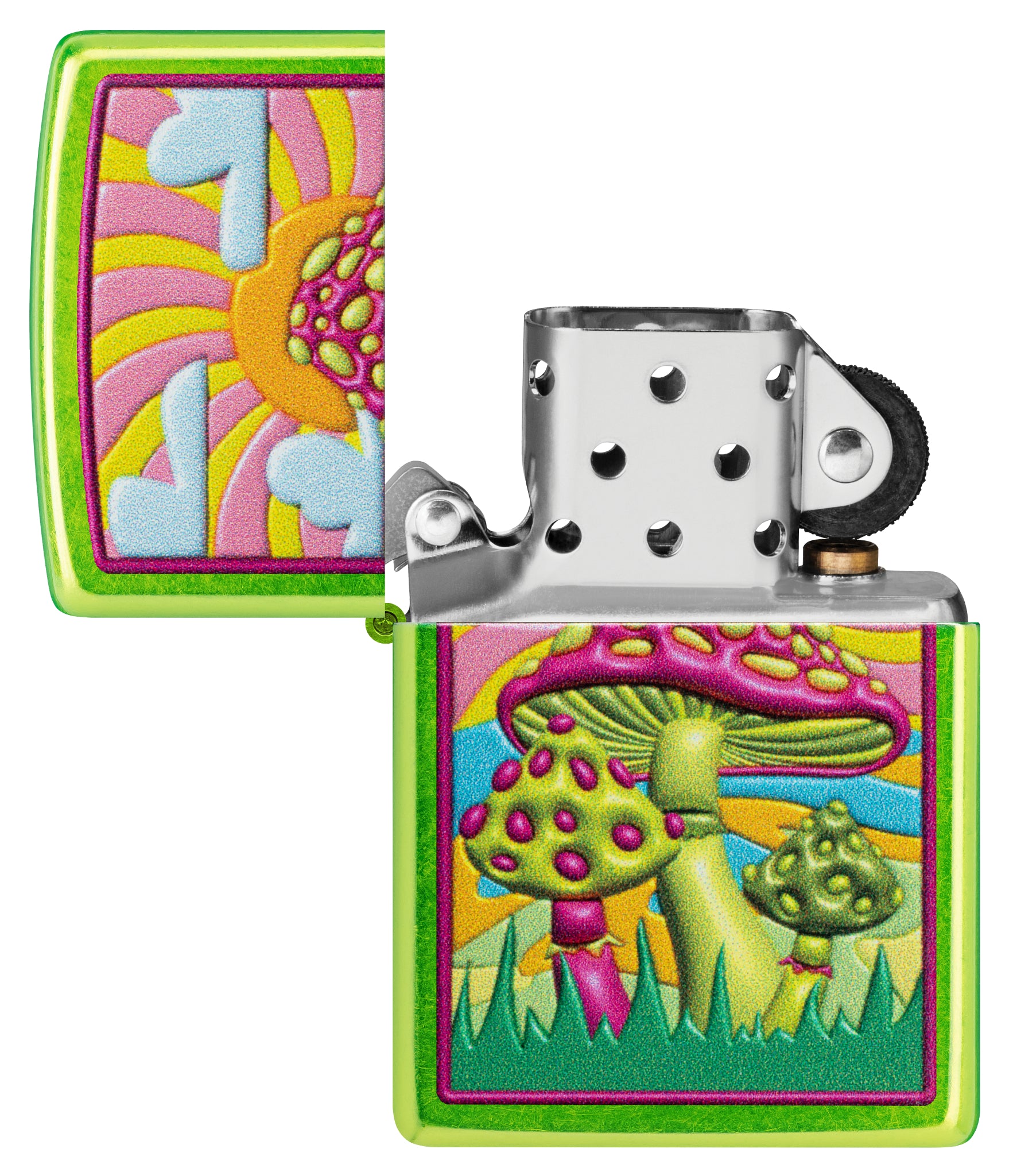 Zippo Spotted Mushrooms Design Lurid Windproof Lighter with its lid open and unlit.