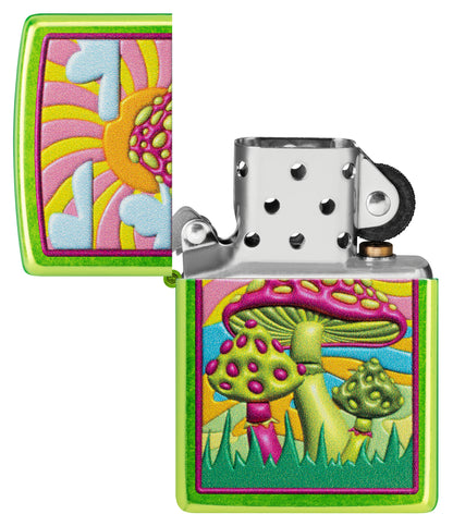 Zippo Spotted Mushrooms Design Lurid Windproof Lighter with its lid open and unlit.