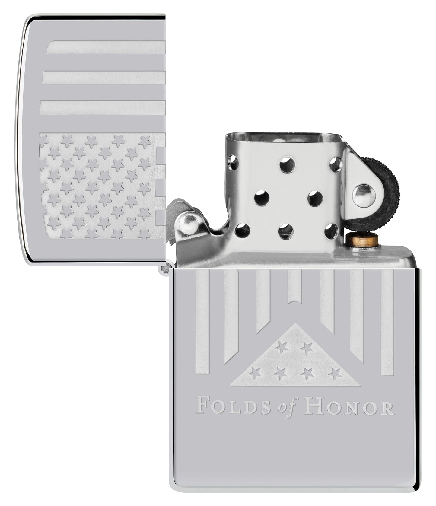 Zippo Folds of Honor Etched Flag Design High Polish Chrome Windproof Lighter with its lid open and unlit.