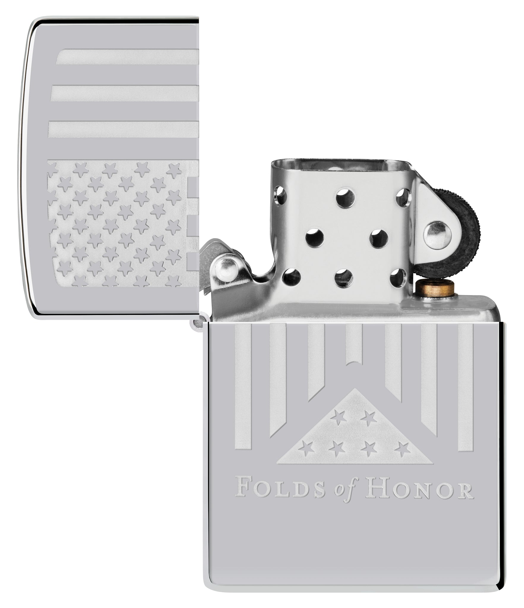 Zippo Folds of Honor Etched Flag Design High Polish Chrome Windproof Lighter with its lid open and unlit.