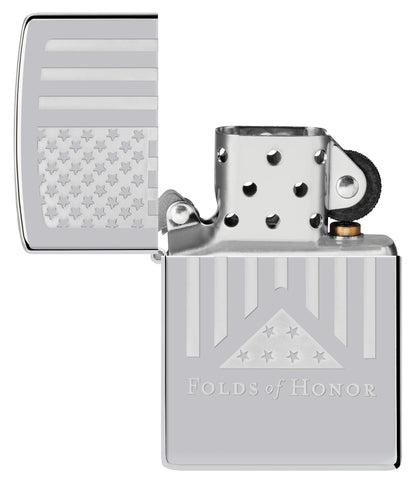 Zippo Folds of Honor Etched Flag Design High Polish Chrome Windproof Lighter with its lid open and unlit.