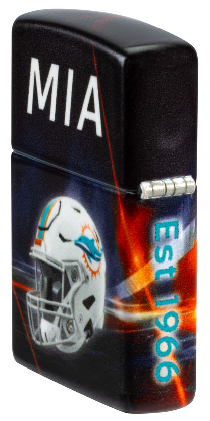 Angled shot of Zippo NFL Miami Dolphins 540 Matte Windproof Lighter showing the back and hinges sides of the lighter.