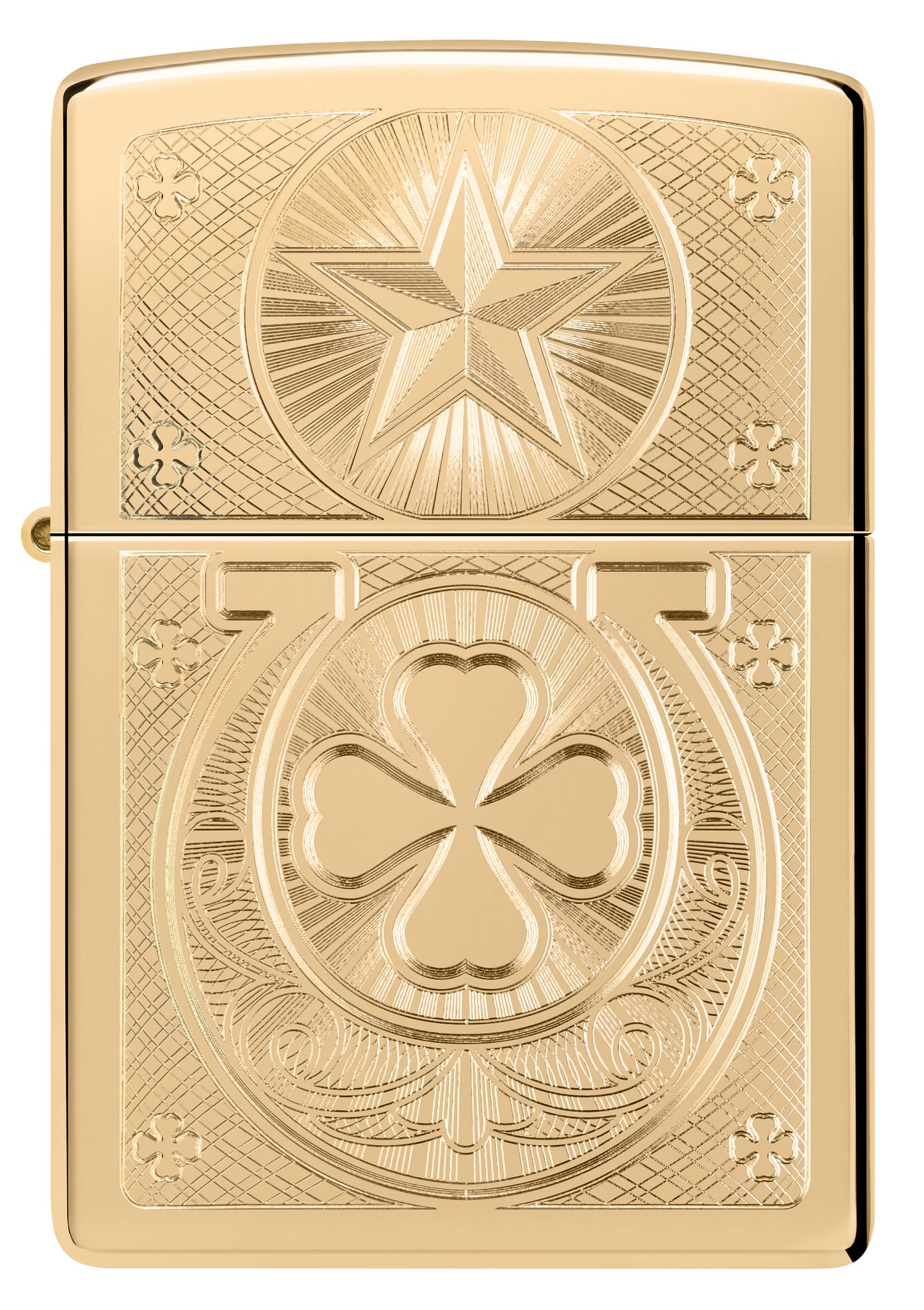 Front view of Zippo Lucky Horseshoe Design High Polish Brass Windproof Lighter.