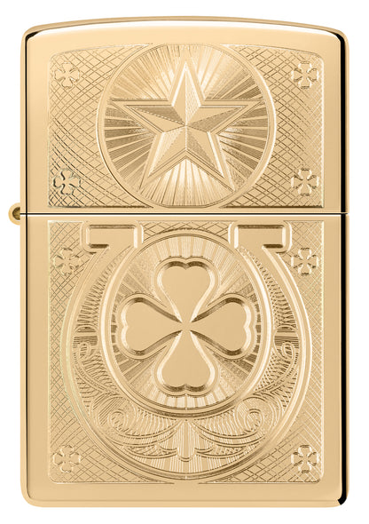 Front view of Zippo Lucky Horseshoe Design High Polish Brass Windproof Lighter.