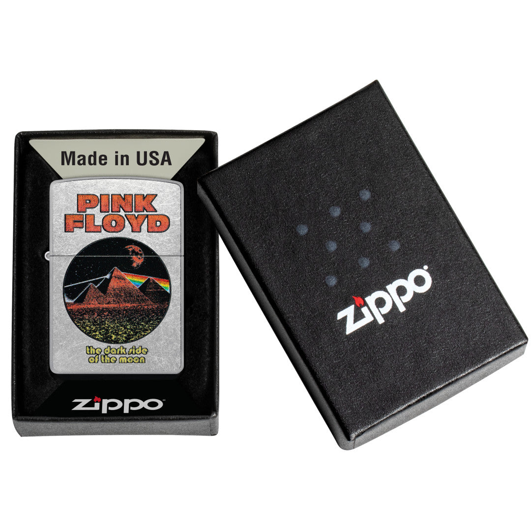Zippo Pink Floyd Pyramids Design Street Chrome Windproof Lighter in its packaging.