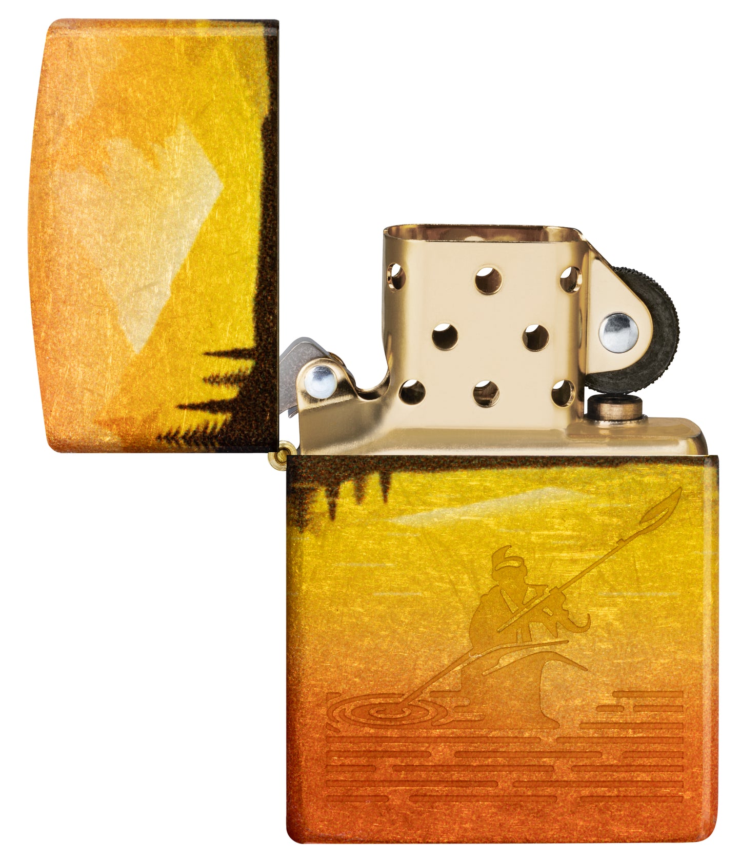 Zippo Fishing Fusion Design 540 Tumbled Brass Windproof Lighter with its lid open and unlit.