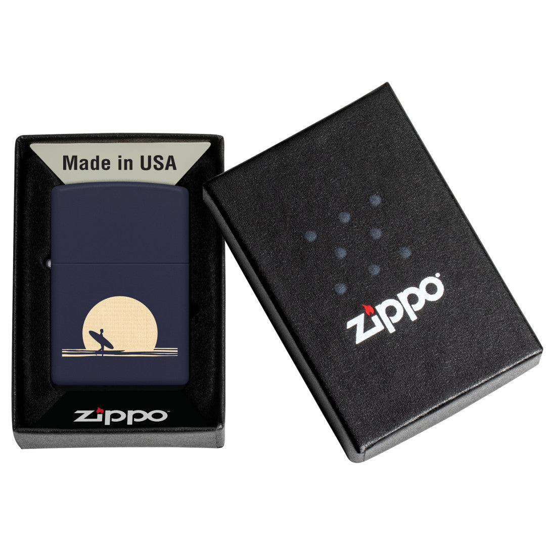 Zippo Sun and Surf Design Navy Matte Windproof Lighter in its packaging.