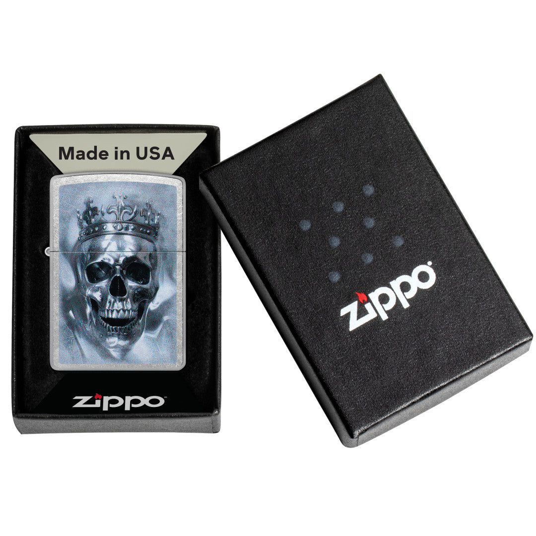 Zippo King Cranium Design Street Chrome Windproof Lighter in its packaging.
