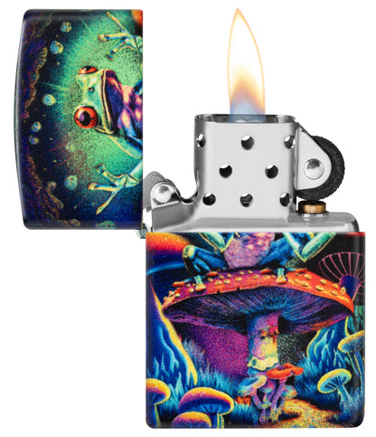 Zippo Zen Frog Design Glow in the Dark Matte Windproof Lighter with its lid open and lit.