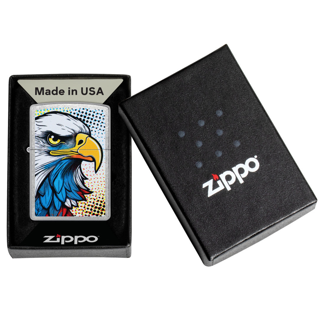 Zippo Pop Art Eagle Design Street Chrome Windproof Lighter in its packaging.