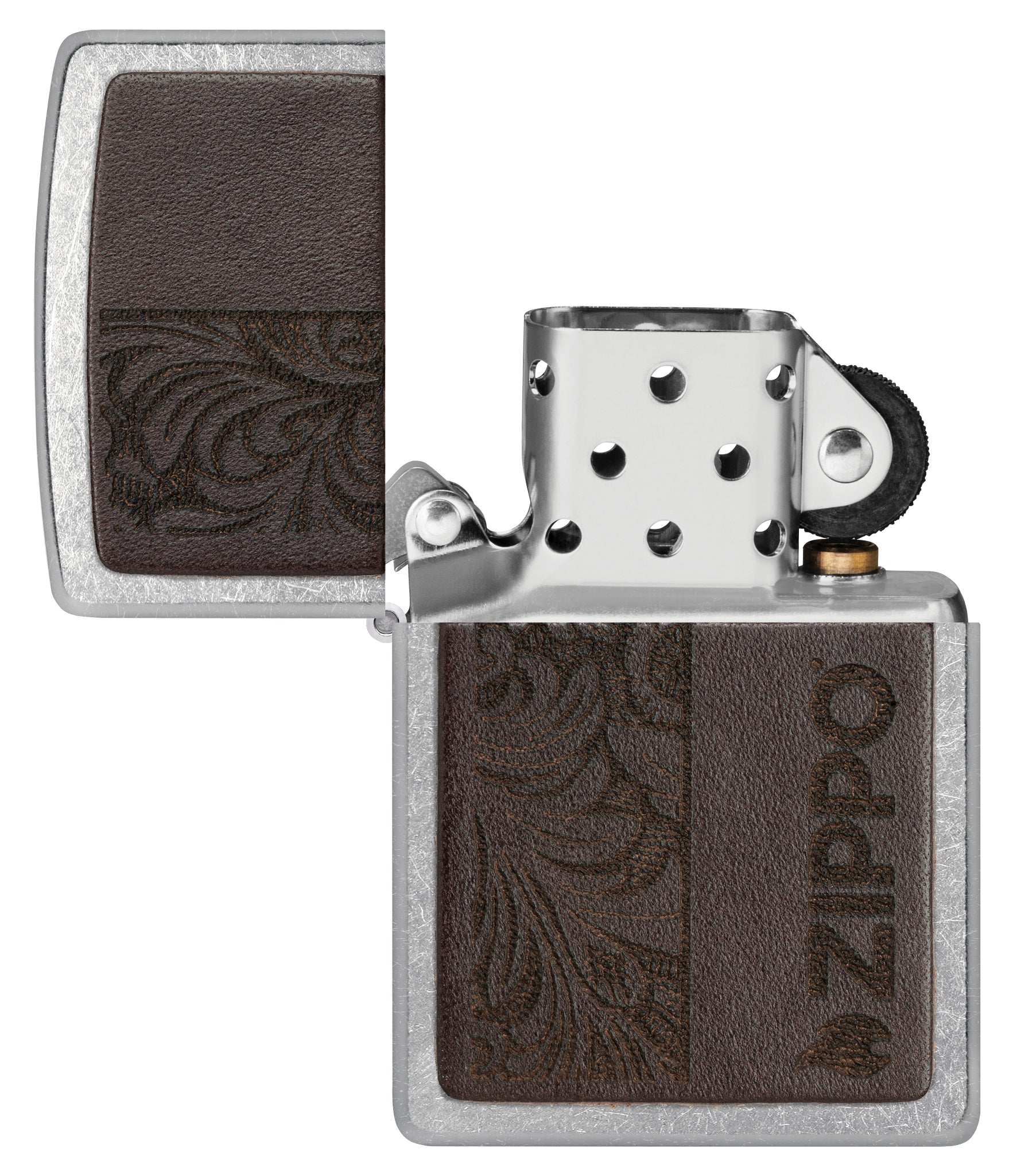 Zippo Brown Leather Emblem - Zippo Design Street Chrome Windproof Lighter with its lid open and unlit.