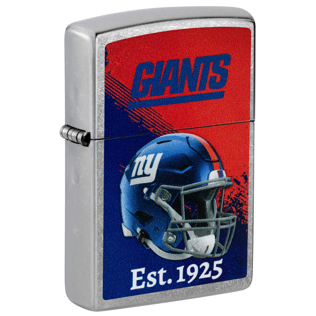 Front shot of Zippo NFL New York Giants Helmet Design Street Chrome Windproof Lighter standing at a 3/4 angle.