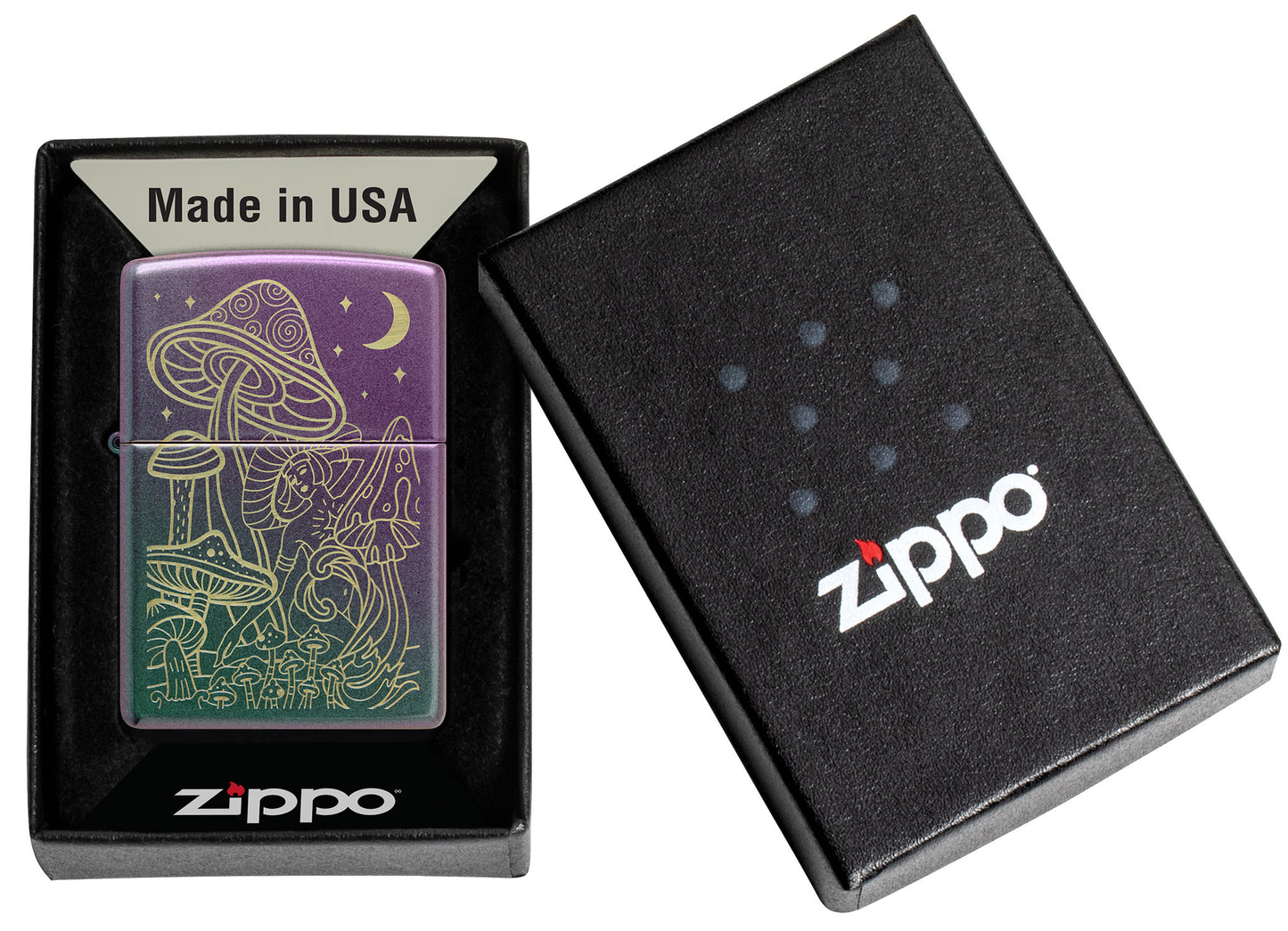 Zippo Laser Mushrooms Design Iridescent Windproof Lighter in its packaging.