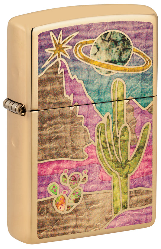Front view of Zippo Funky Western Fusion Polish Brass Windproof Lighter standing at a 3/4 angle.