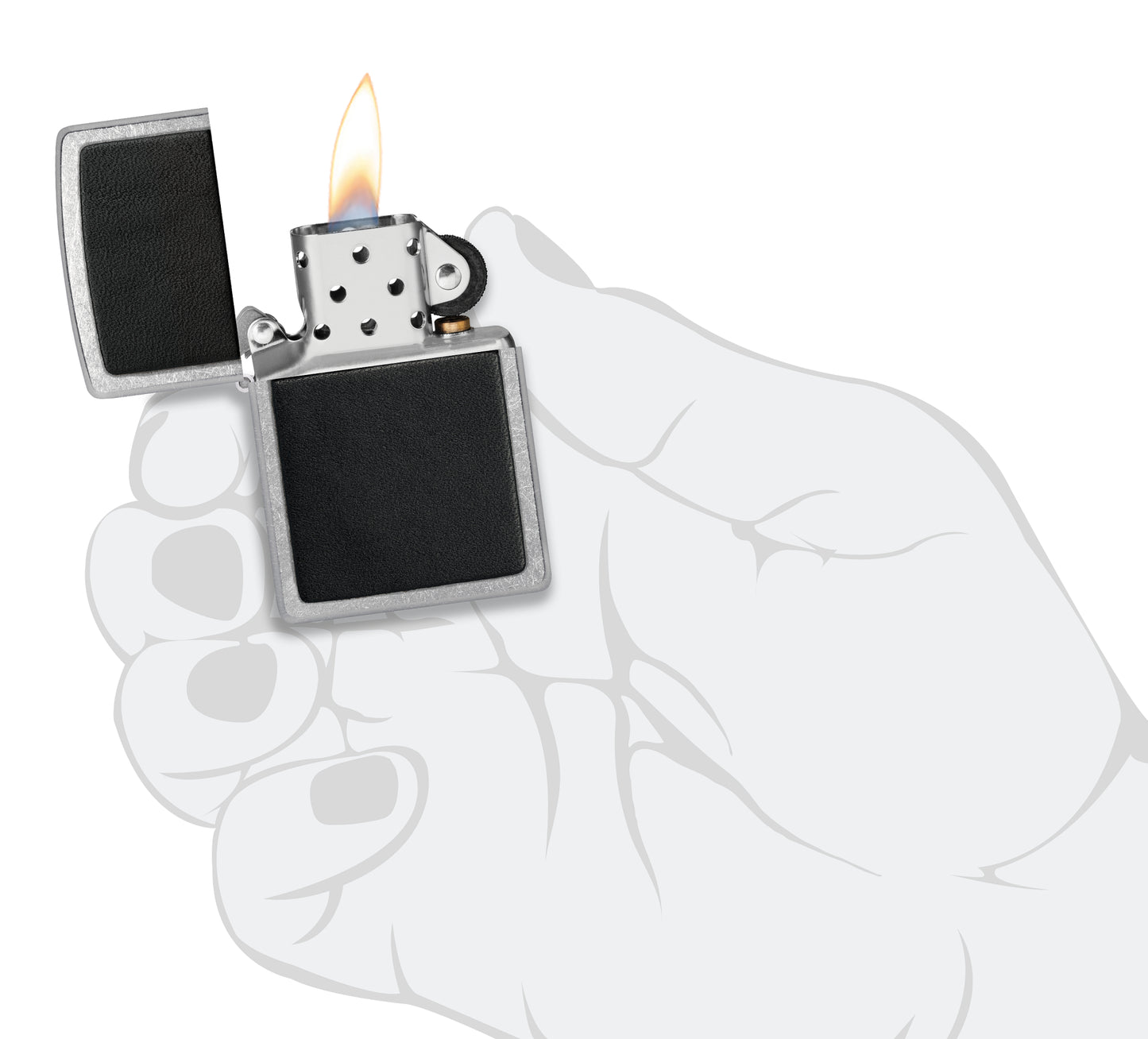 Zippo Black Leather Emblem Street Chrome Windproof Lighter lit in hand.