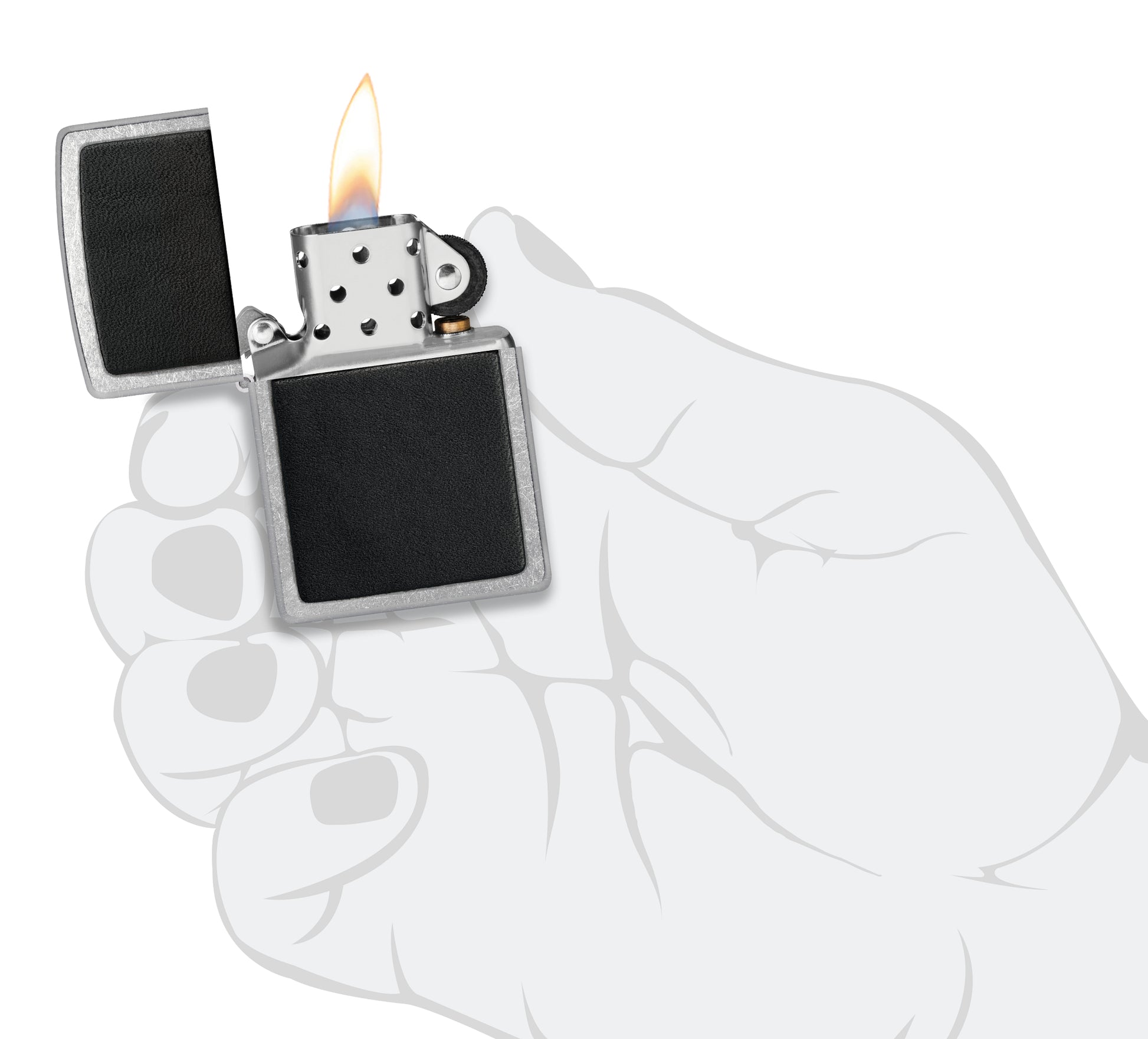 Zippo Black Leather Emblem Street Chrome Windproof Lighter lit in hand.