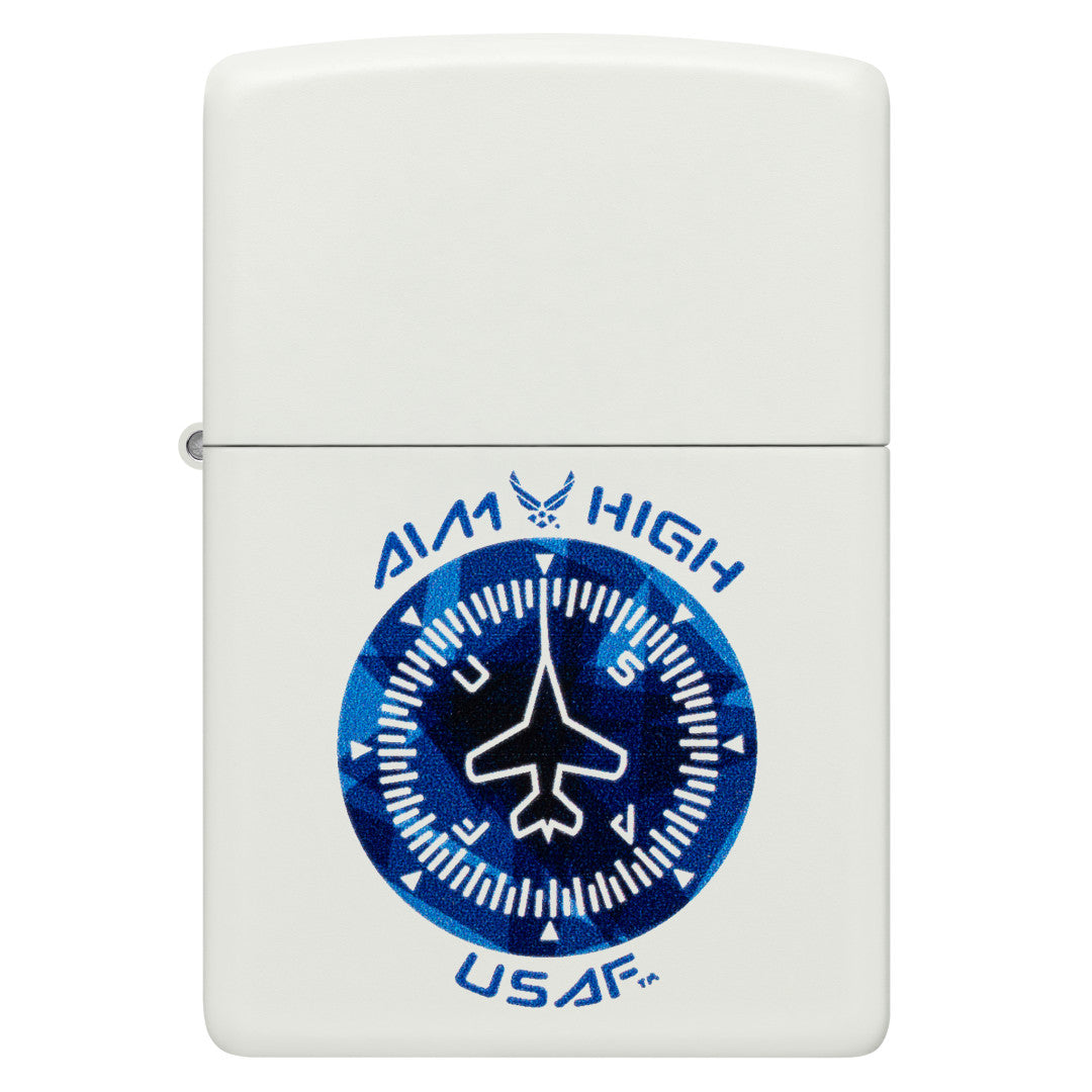 Front view of Zippo U.S. Air Force™ Aim High Design White Matte Windproof Lighter.