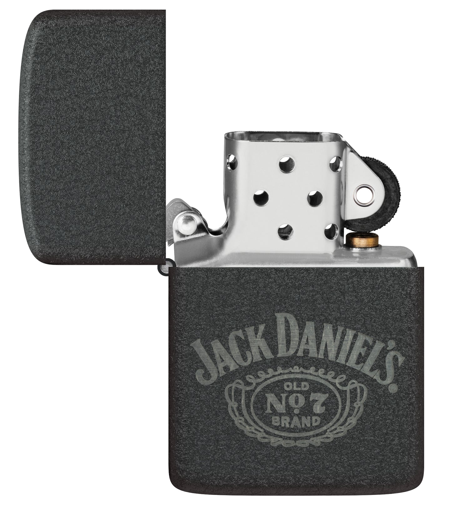 Zippo Jack Daniel's® No. 7 Design 1941 Replica Black Crackle® Windproof Lighter with its lid open and unlit.