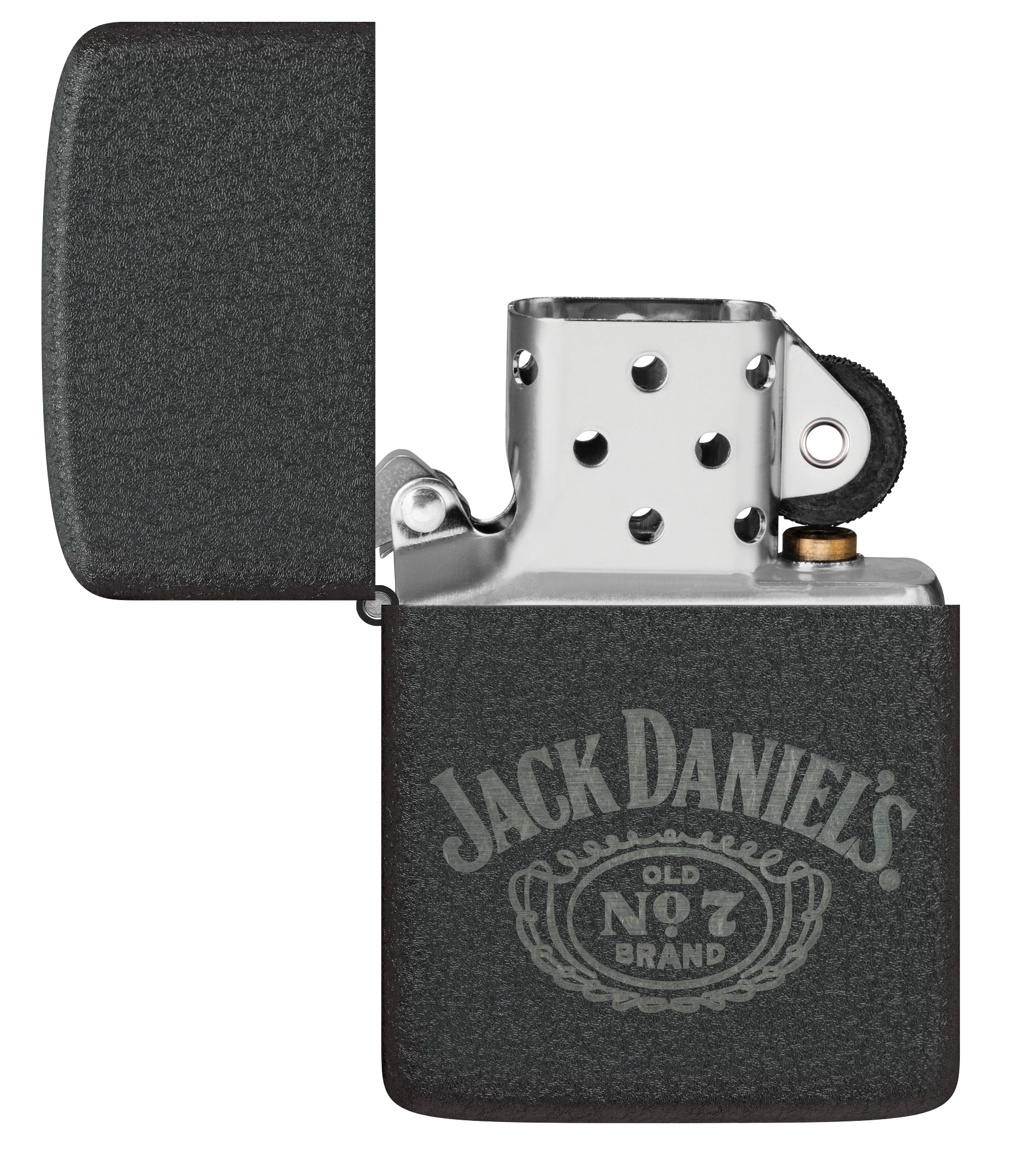 Zippo Jack Daniel's® No. 7 Design 1941 Replica Black Crackle® Windproof Lighter with its lid open and unlit.