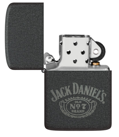 Zippo Jack Daniel's® No. 7 Design 1941 Replica Black Crackle® Windproof Lighter with its lid open and unlit.