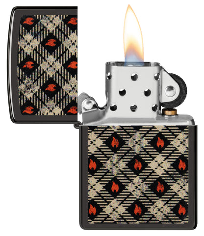 Zippo Tartan Design High Polish Black Windproof Lighter with its lid open and lit.