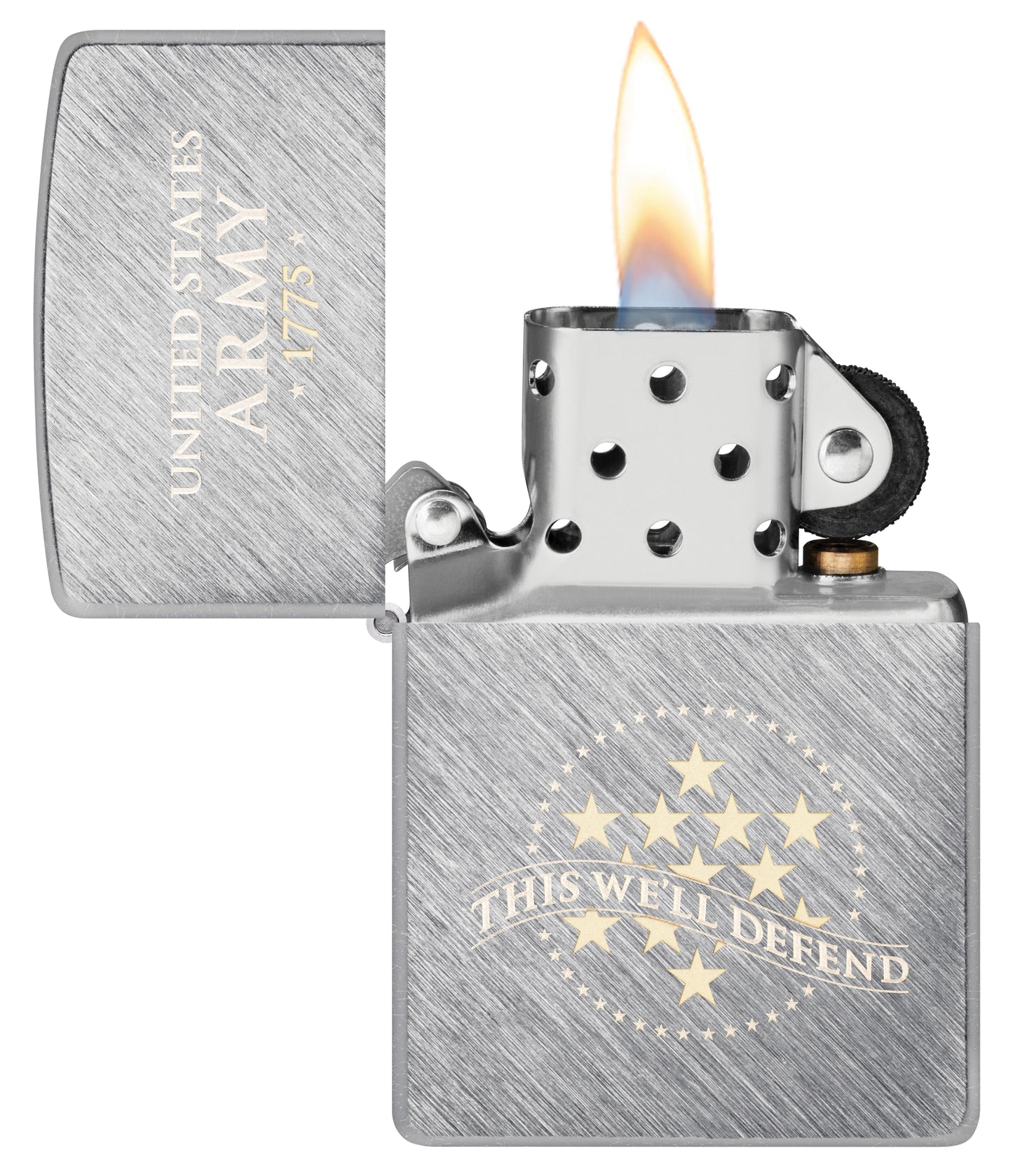 Zippo U.S. Army® This We'll Defend Design Herringbone Sweep Windproof Lighter with its lid open and lit.