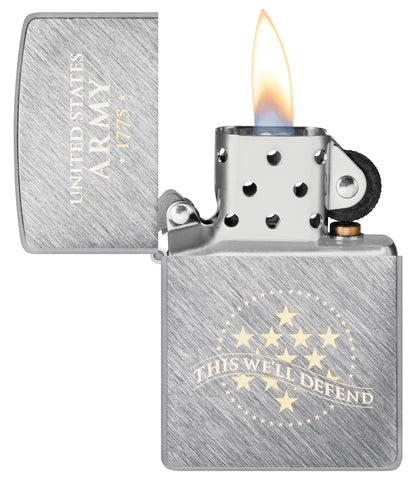 Zippo U.S. Army® This We'll Defend Design Herringbone Sweep Windproof Lighter with its lid open and lit.