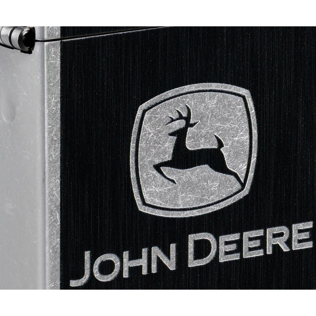 Front view of Zippo John Deere Chrome Logo Design Street Chrome Windproof Lighter close up to show the detail of the lighter.