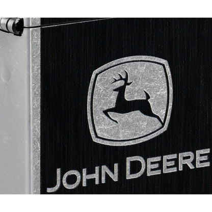 Front view of Zippo John Deere Chrome Logo Design Street Chrome Windproof Lighter close up to show the detail of the lighter.