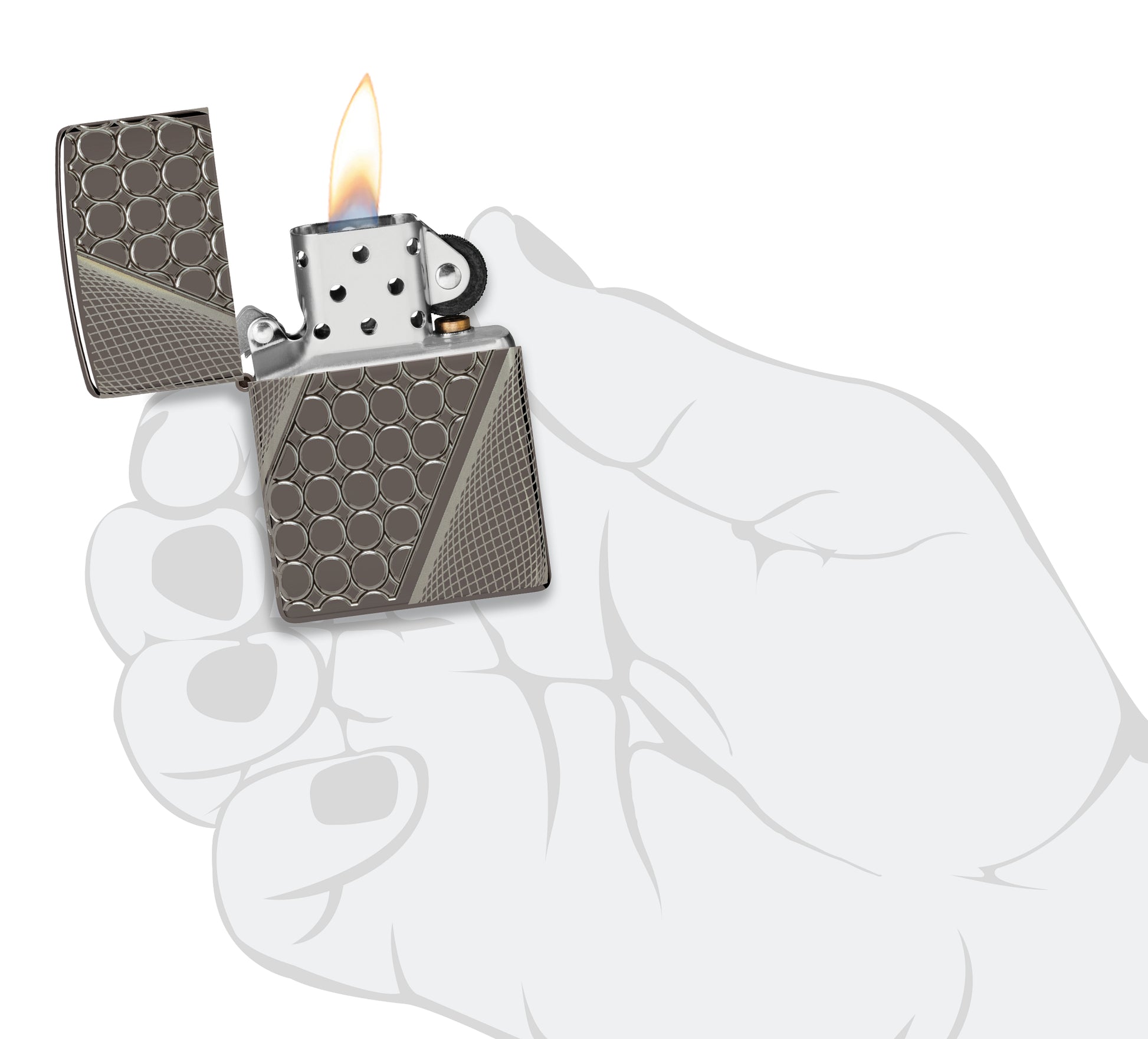 Zippo Deep Dots Design Armor® Black Ice® Windproof Lighter lit in hand.