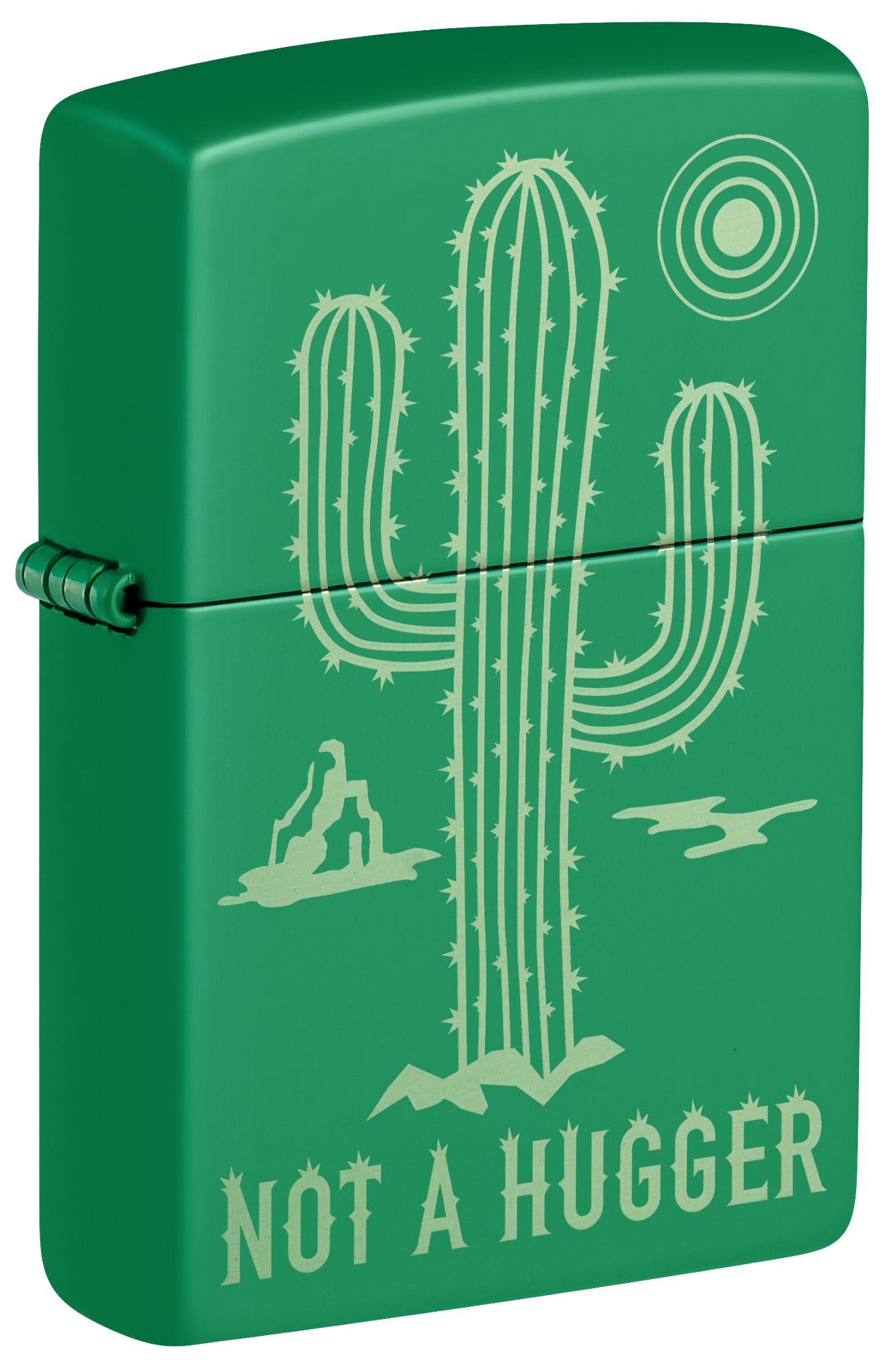 Front shot of Zippo Not a Hugger Design Grass Green Matte Windproof Lighter standing at a 3/4 angle.