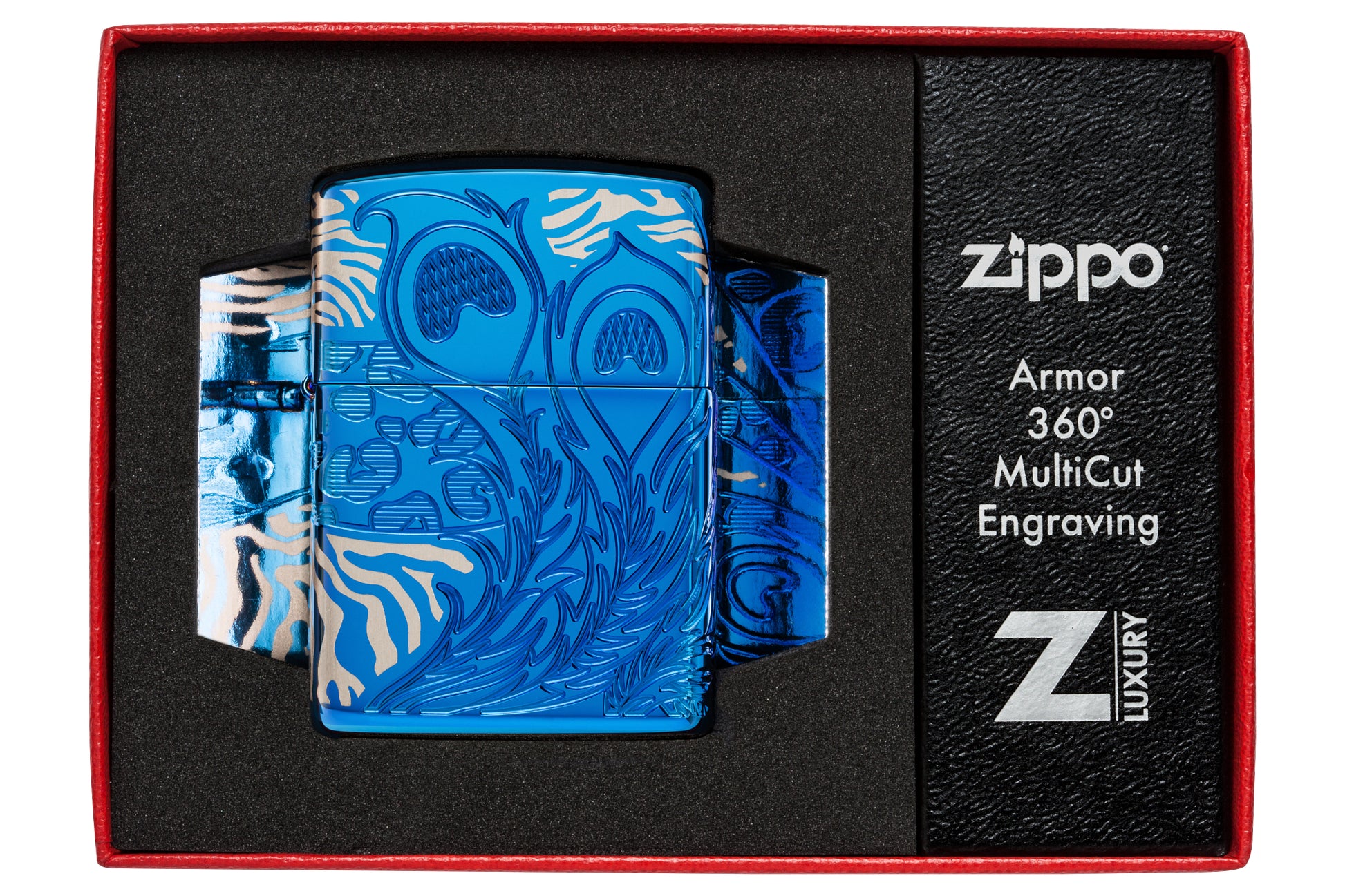 Zippo Animal Flair Design Armor® High Polish Blue Windproof Lighter in its packaging.