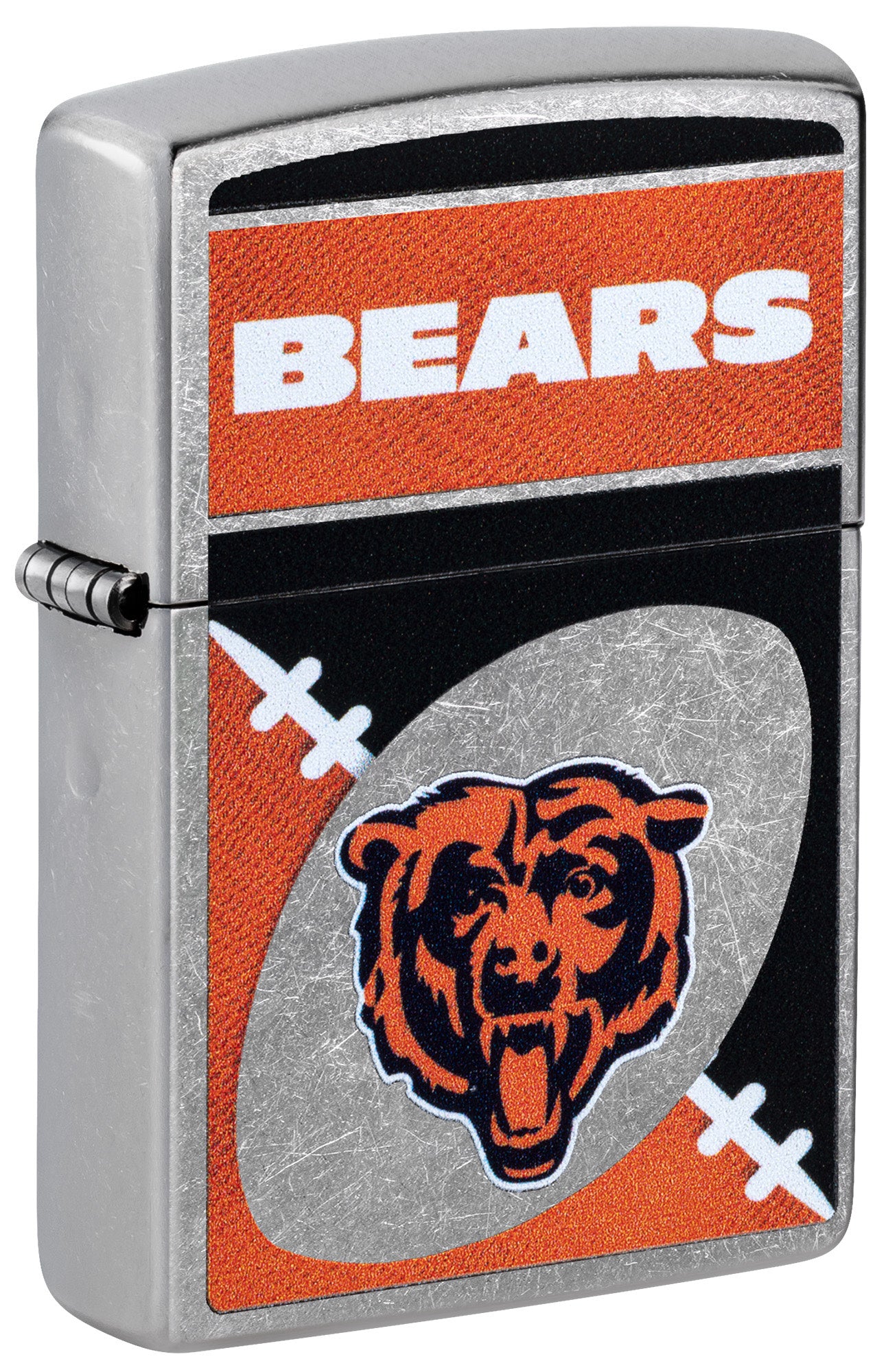 Front shot of Zippo NFL Chicago Bears Street Chrome Windproof Lighter standing at a 3/4 angle.