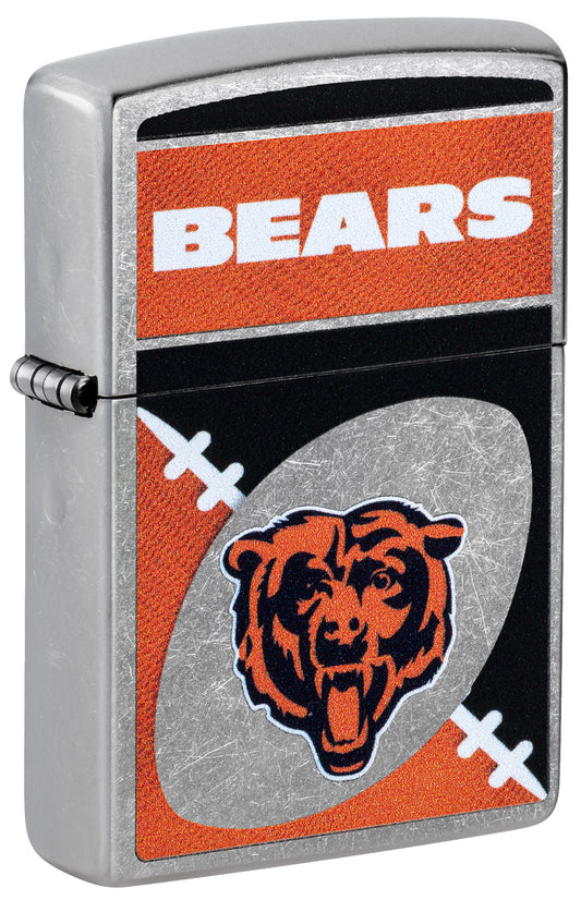 Front shot of Zippo NFL Chicago Bears Street Chrome Windproof Lighter standing at a 3/4 angle.