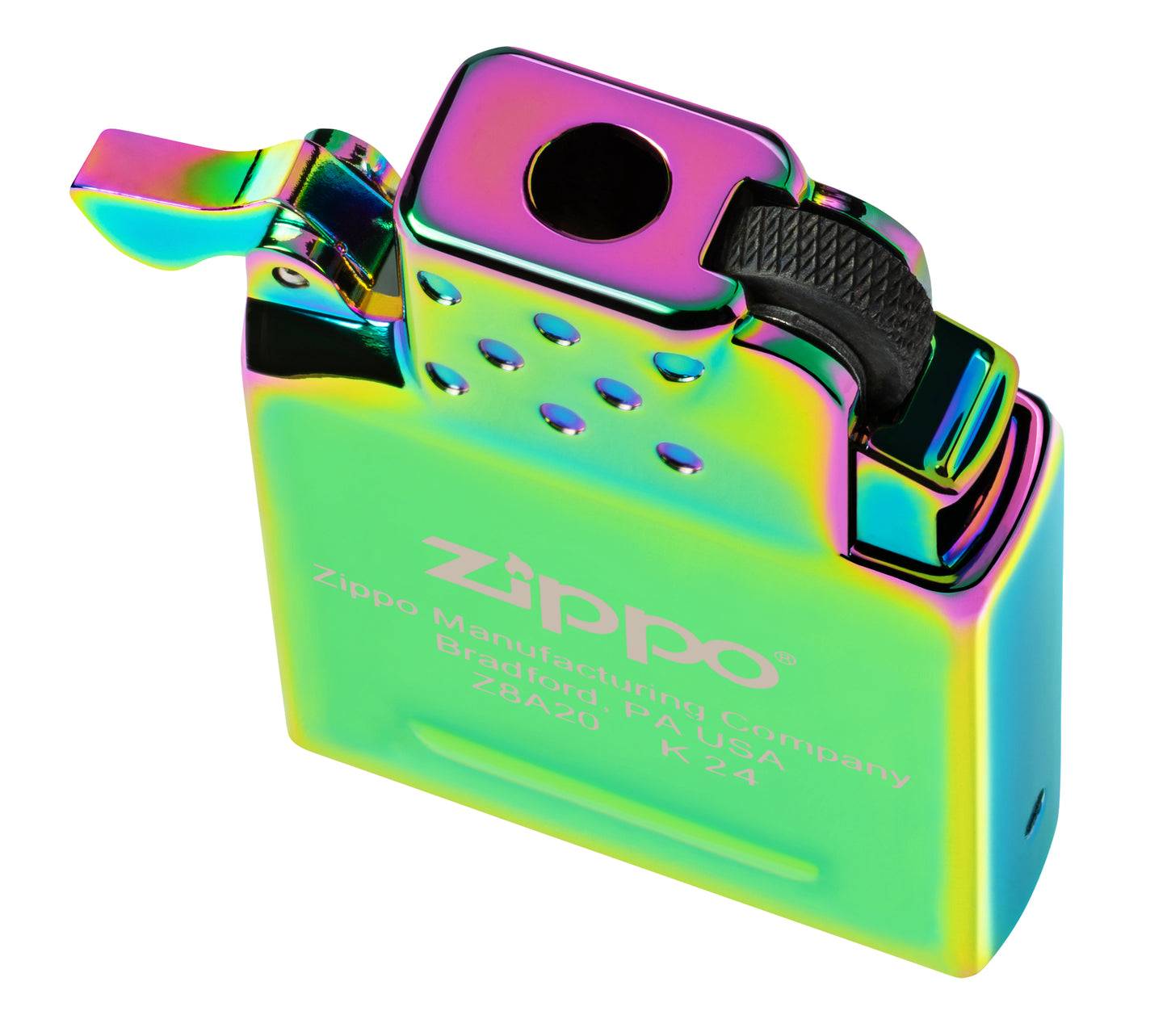 Top view of Zippo Yellow Flame Butane Insert - Green/Spectrum/Iridescent standing at a 3/4 angle.