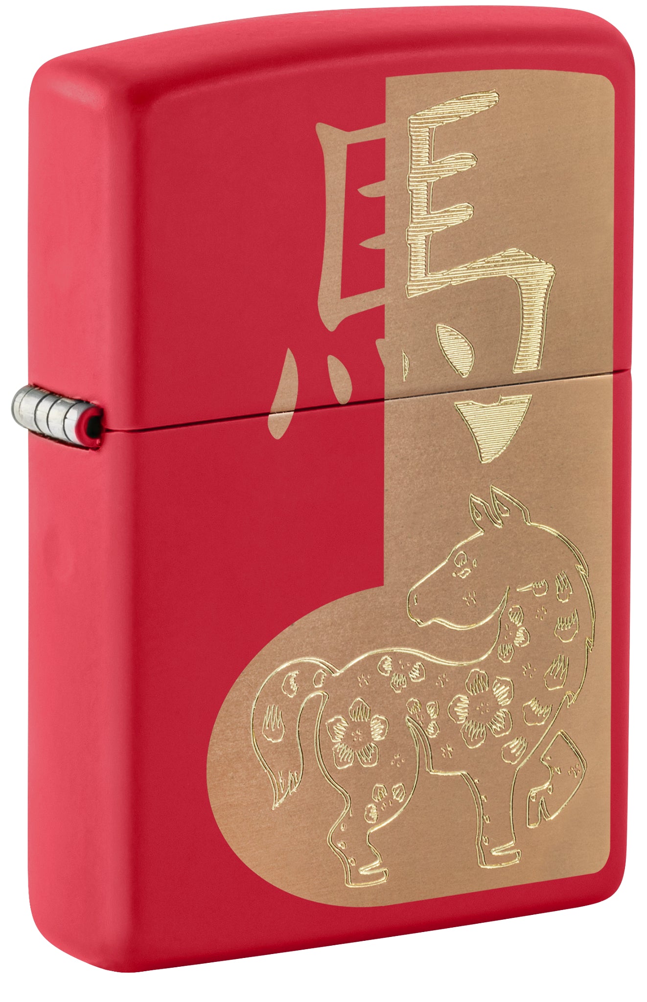 Front shot of Zippo 2026 Year of the Horse Design Red Matte Windproof Lighter standing at a 3/4 angle.