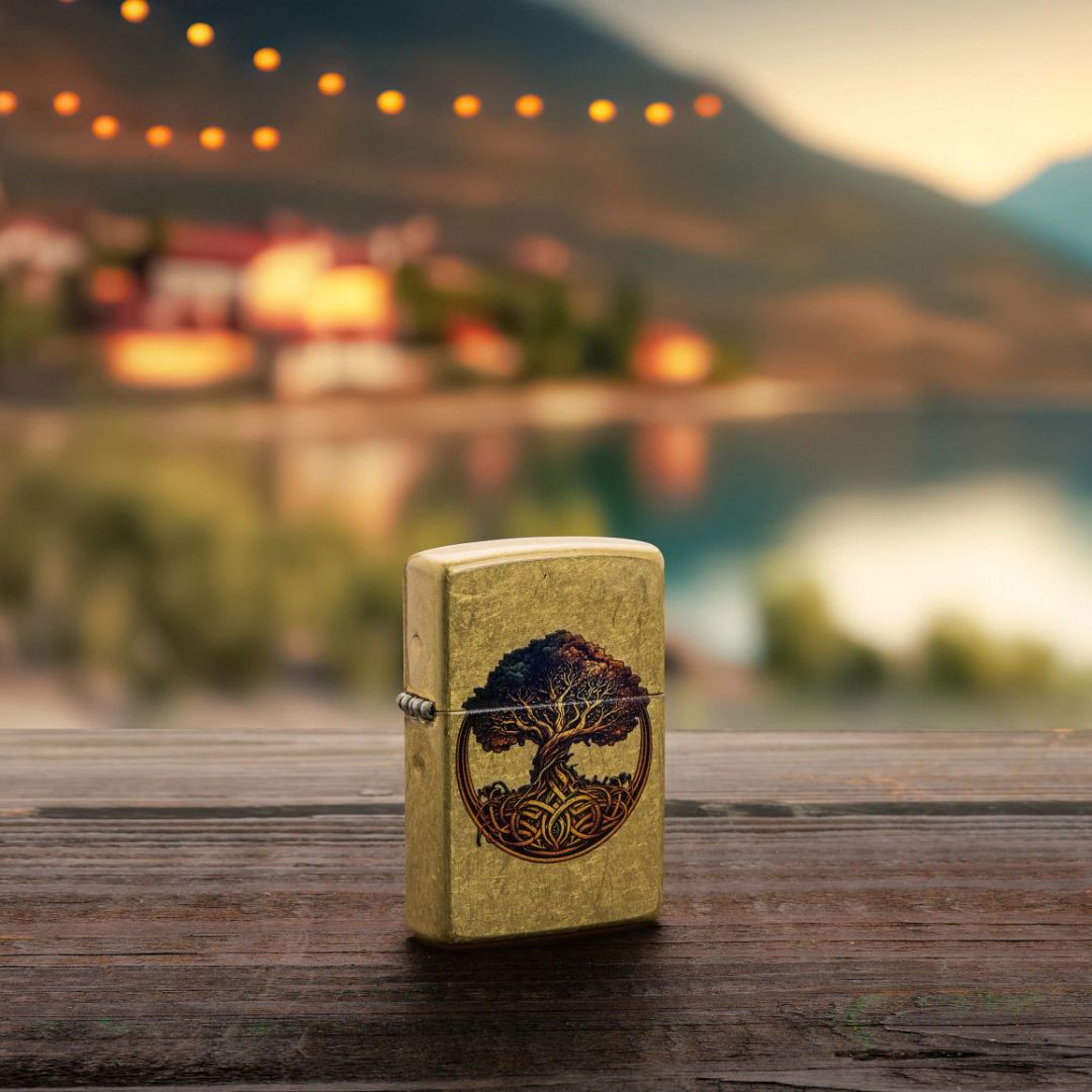 Lifestyle image of Zippo Knotted Tree of Life Design Street Brass Windproof Lighter standing at a 3/4 angle on a wooden railing showing the front of the lighter with an out of focus scenic background with a lake, mountains and a small town.

