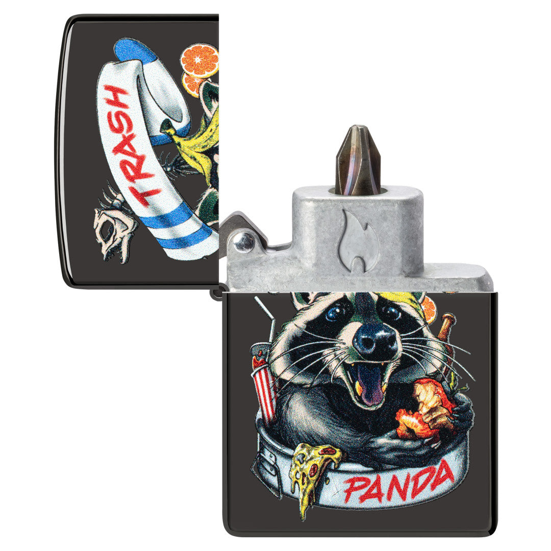 Masked Bandit Design Windproof Lighter with its lid open and showing the Bit Safe Screwdriver USA. 