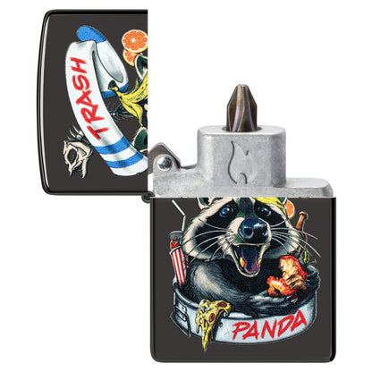 Masked Bandit Design Windproof Lighter with its lid open and showing the Bit Safe Screwdriver USA. 